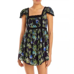 NWT LoveShackFancy Nutmeg Floral Lace Trim Mini Dress Deep Blue Trace 6